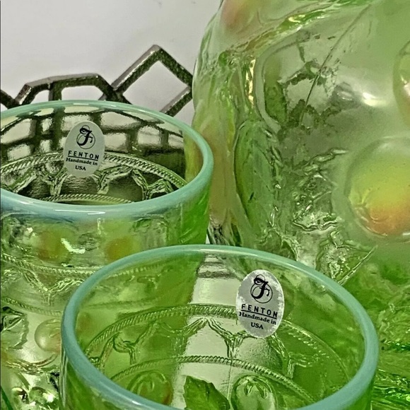 Fenton Apple Tree Pitcher 4 Tumblers Signed Green Stunning Set #N101 - Picture 2 of 10